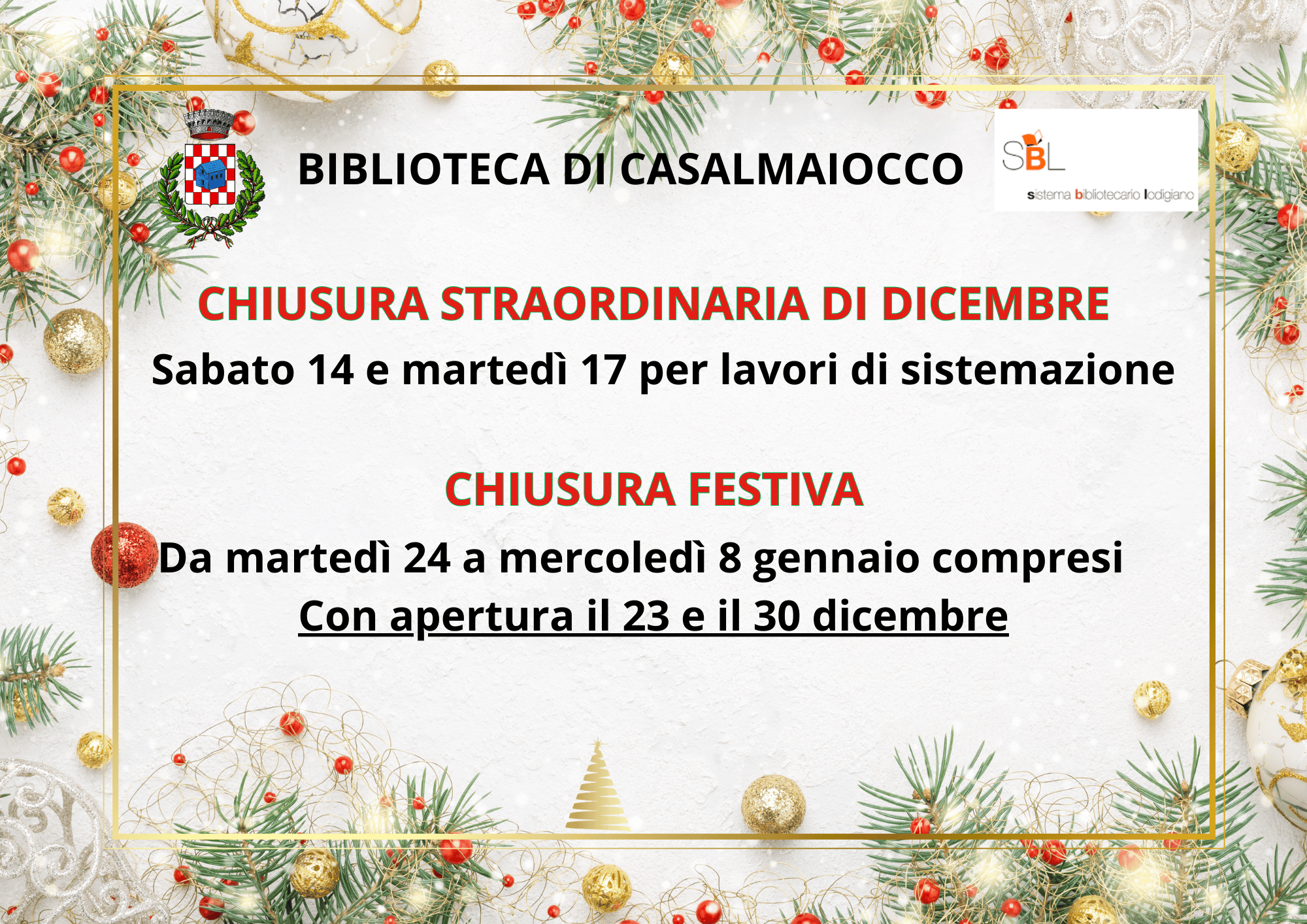 Chiusura Biblioteca Comunale periodo natalizio